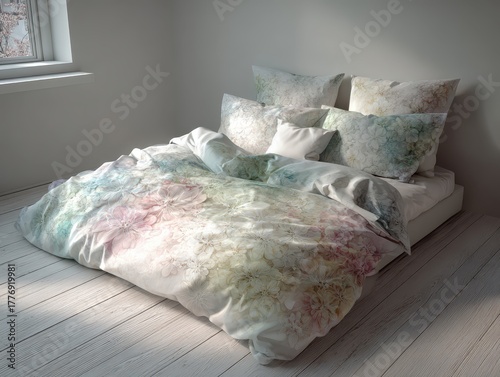 Cozy bedroom scene featuring a comfortable bed with floral-patterned bedding and soft pillows, illuminated by natural light from the window.