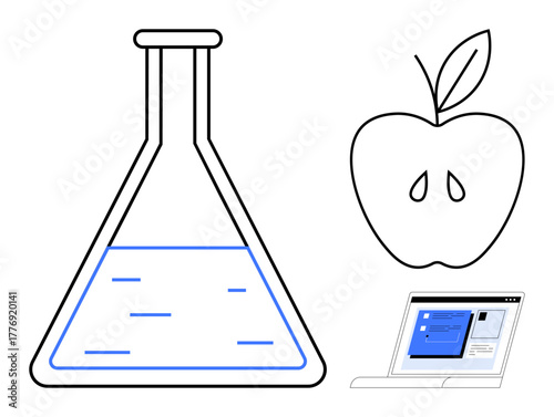 Laboratory flask with liquid, apple outline with leaf, and open laptop screen with interface elements. Ideal for science, education, technology, innovation, research e-learning health. Simple flat