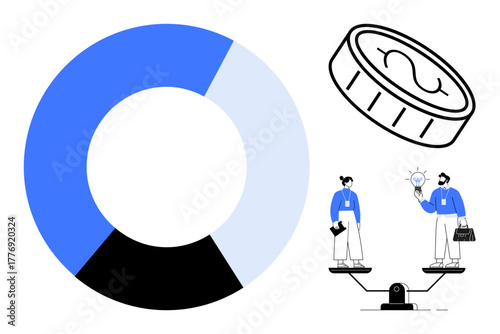 Pie chart in blue and black, coin with dollar sign, two professionals on a balance sharing a lightbulb idea. Ideal for finance, teamwork, innovation, equity, economy, analytics decision-making