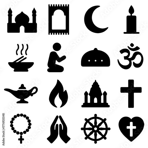 Spiritual Symbols: A captivating collection of religious icons, each a visual representation of diverse faiths and spiritual practices. The design evokes serenity and introspection.