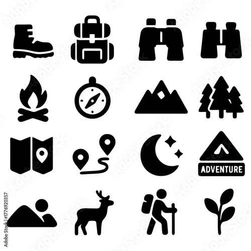 Adventure Essentials Icon Set: A comprehensive collection of iconic symbols representing the key elements and activities of outdoor adventure and exploration, perfect for guides, travel blogs.