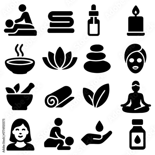 Serene Spa Elements: A collection of spa and wellness icons, including massage, essential oils, candles, lotus flowers, hot stones and a meditating person.