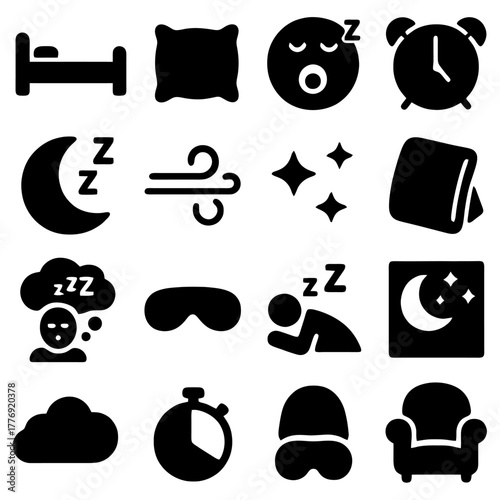 Sweet Dreams: An array of icons, artfully arranged, depicts elements essential for a restful night's sleep and peaceful slumber, inviting feelings of calm.