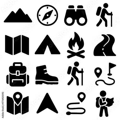 Adventure Icons: A collection of meticulously crafted, minimalistic icons perfect for all things related to outdoor exploration, encompassing the essence of adventure.