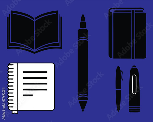 Minimalist Stationery Icons Book, Notebook, Pens, Marker – High-Contrast Black and White Office Supplies for Design, Merch, and Education