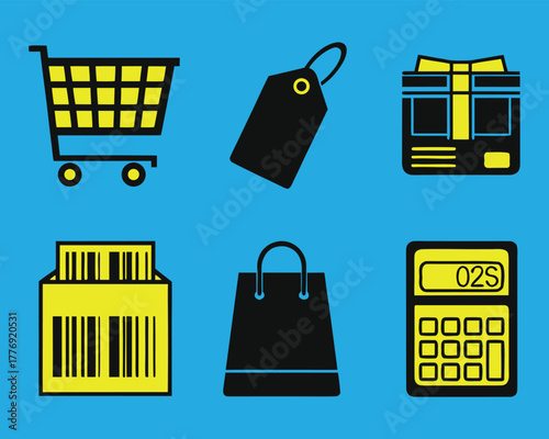 Retail Icon Set Featuring Shopping Cart, Price Tag, Gift Box, Barcode Box, Shopping Bag, and Calculator on Blue Background