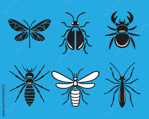 Stylized Insect Vector Set Featuring Butterfly, Beetle, Stag Beetle, Ant, Mosquito, and Wasp on Vibrant Blue Background