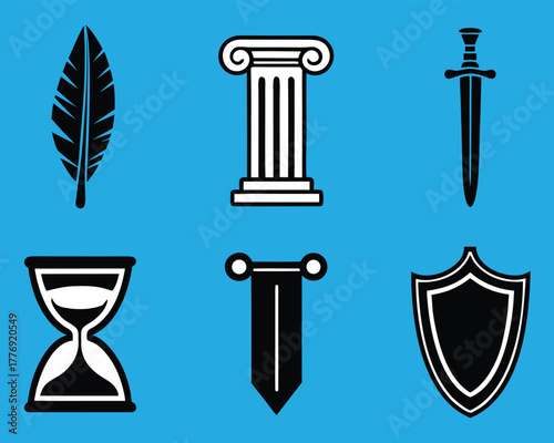 Symbolic Icon Set Featuring Quill, Ionic Column, Dagger, Hourglass, Sword, and Shield on Bright Blue Background for Thematic Design