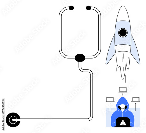 Hacker in blue hoodie at a laptop with alert sign, rocket launching, and power cable. Ideal for cybersecurity, risk, startup, innovation, energy network and technology themes. Clean simple flat