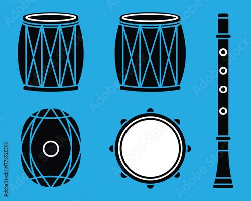 Traditional Instrument Icon Set Featuring Drums, Shehnai, Tambourine on Bright Blue Background for Cultural, Musical, and Educational Design Use