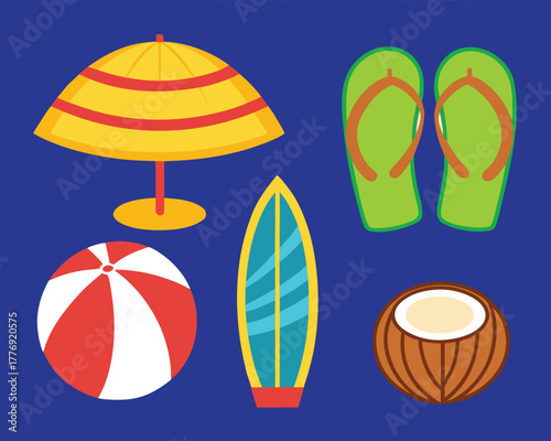 Tropical Beach Essentials: Umbrella, Flip-Flops, Surfboard, Coconut, Beach Ball – Vibrant Summer Icons for Travel, Vacation, and Coastal Fun