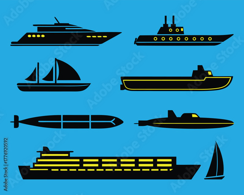 Watercraft Icon Set Featuring Yacht, Steamship, Sailboats, Cargo Ship, Submarines, and Cruise Ship on Bright Blue Background
