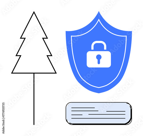 Tree outline, blue shield with padlock icon, and text block symbolizing environmental protection, data security, and communication. Ideal for cybersecurity, privacy, sustainability, ecology digital