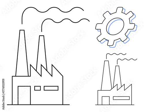Factory with two smokestacks emitting smoke, angular industrial building, large gear. Ideal for industry, manufacturing, production process, innovation, business efficiency, industrialization simple