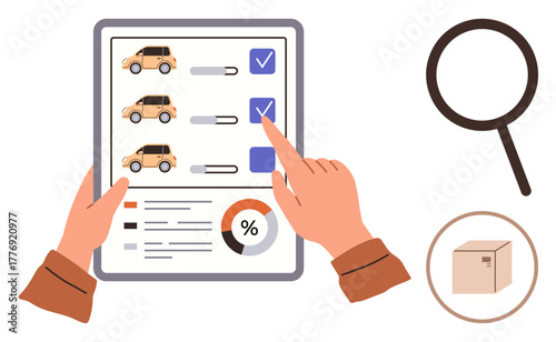 Hands completing vehicle checklist on digital tablet, magnifying glass, delivery box, analysis chart. Ideal for logistics, transportation, delivery, decision-making, inventory business planning