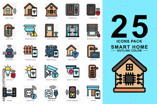Smart Home outline color icons set. contain evaluation, target audience, business survey, insight, market, network and more. Vector for modern concept, print, UI, UX kit, web and app development.