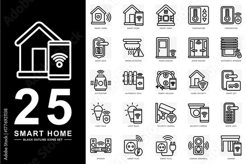 Smart Home black outline icons set. contain evaluation, target audience, business survey, insight, market, network and more. Vector for modern concept, print, UI, UX kit, web and app development.