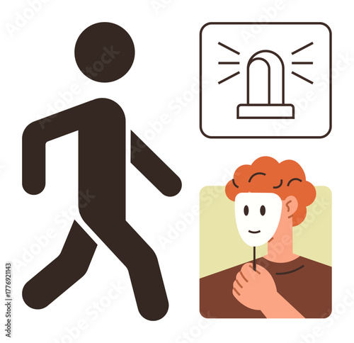 Silhouette figure walking, person holding smiling mask over face, and glowing alert icon. Ideal for deception, anonymity, safety, awareness, duality concealment identity themes. Simple flat