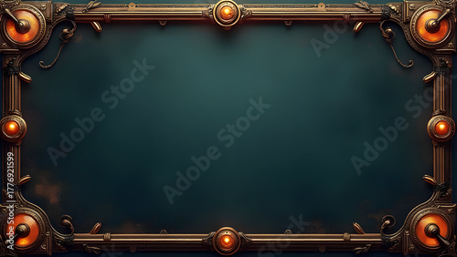 Ornate steampunk-style metallic frame with glowing orange lights on a dark background.