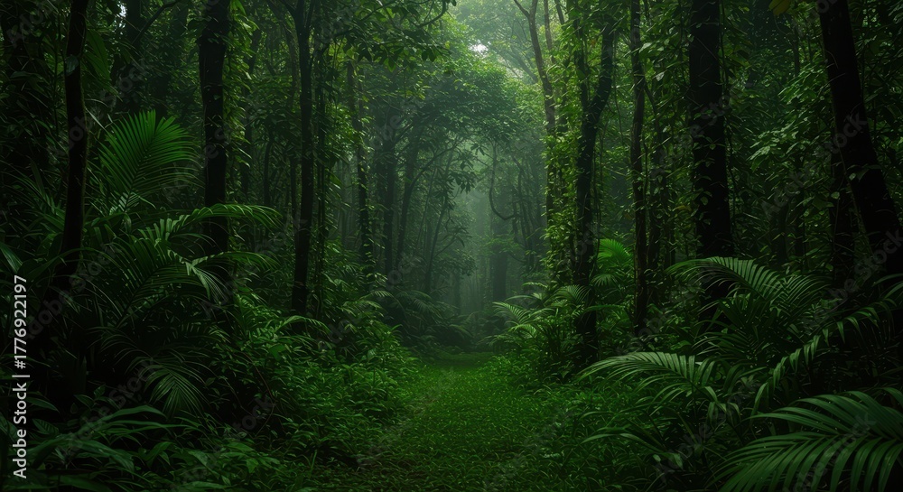 Fototapeta premium Lush, vibrant green, deep tropical rainforest environment background. Focus on dense foliage, humid air, and exotic flora ,leaves ,sunlight ,branches