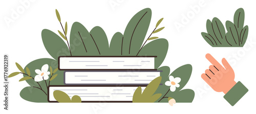 Stacked books amidst lush green leaves, white flowers, and a hand pointing. Ideal for education, learning, knowledge, nature, study environment reading concepts. Simple flat metaphor