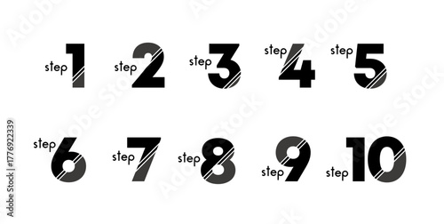 モノトーンのシンプルな番号素材／step1から10／フローチャートやプレゼン資料に使える数字アイコン