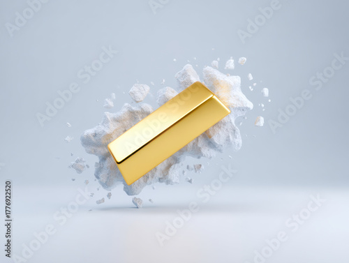 Golden bar breaking through white powder with flying dust particles on light background, shiny metal concept