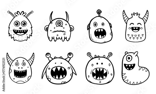 Eight unique black cartoon monster drawings. Vector illustration