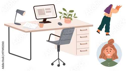 Workplace with desk, computer, lamp, chair, cup, papers, and plant. Includes a walking individual and smiling portrait. Ideal for work-life balance remote work creativity minimalism organization