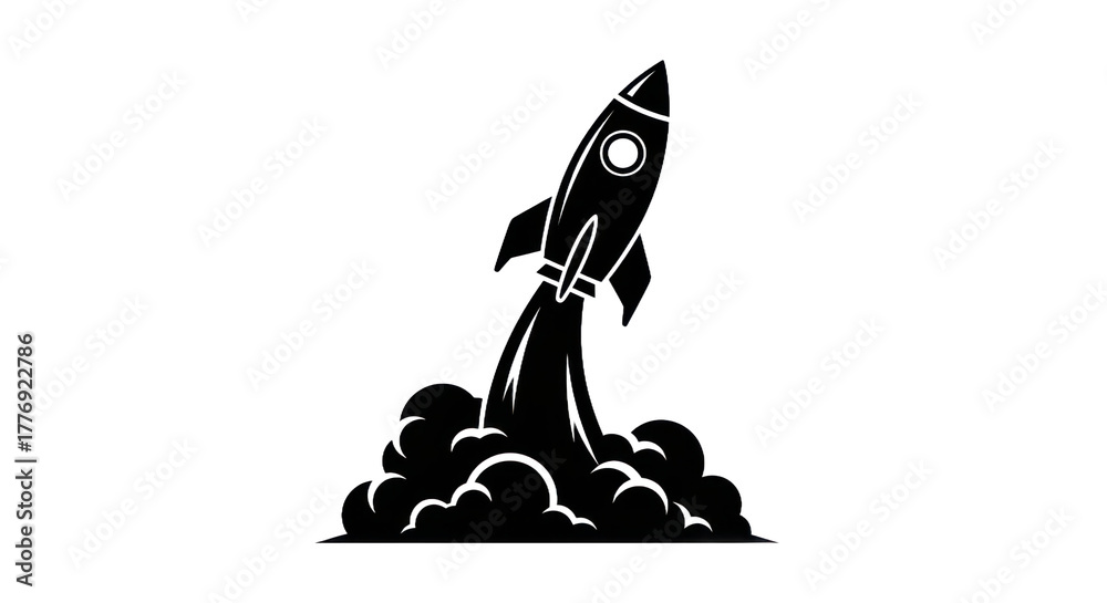 Fototapeta premium Cartoon rocket launching into space with smoke and isolated on transparent background