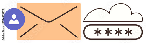 Envelope with user profile, cloud symbol, and password field indicating secure email, data access, cloud storage. Ideal for security, data protection, login, authentication cloud email simple flat