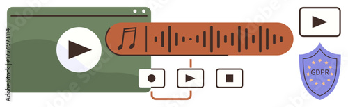 Media player window and sound wave with GDPR shield highlighting data privacy. Ideal for digital media, data protection, online streaming, web technology, sound design, digital rights, simple flat