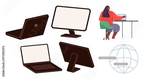 Laptops, monitors, globe, person typing at desk characterize technology use, connection, learning. Ideal for digital communication, online work, remote collaboration e-learning workplace