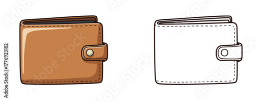 Closed leather bifold wallet with snap button color drawing and outline for money saving financial or shopping concept design