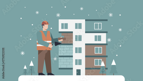 Construction worker building a residential facade in cold weather Winter job site illustration