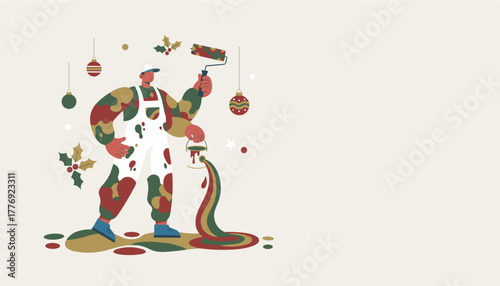 Painter decorates with festive colors for Christmas home renovation Vector illustration