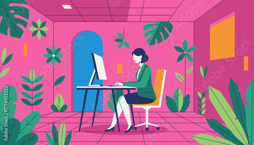 Professional woman working on a computer in a vibrant pink office filled with tropical plants