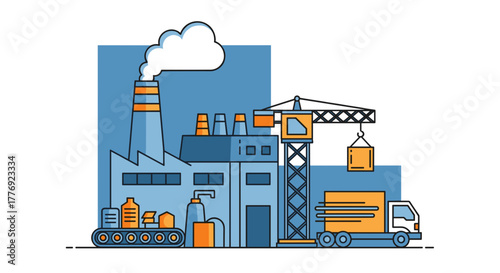 Industrial production logistics vector Factory building conveyor belt crane and delivery truck illustration