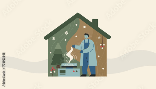 Chemist in a lab coat preparing a solution inside a winter home setting Science and seasonal comfort