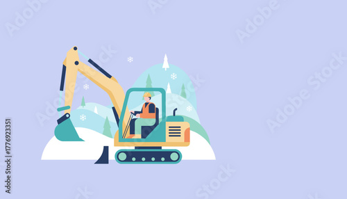 Construction worker operating excavator clearing snow in a winter landscape illustration
