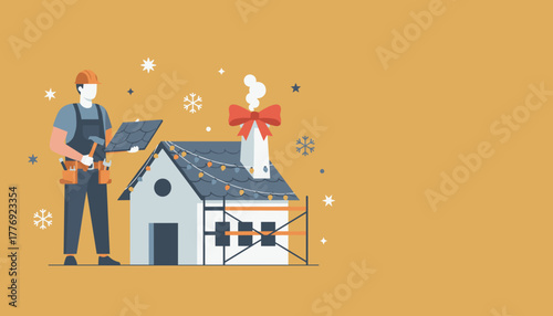 Worker repairing house roof decorated with Christmas lights in winter Home maintenance during holidays