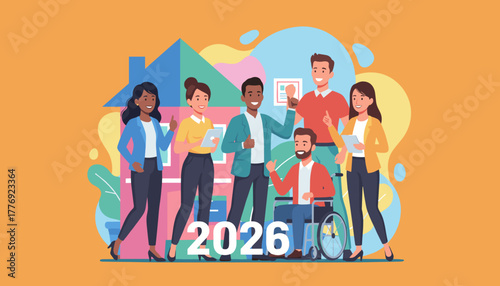 Diverse business team celebrating future success 2026 and housing goals in a vibrant illustration