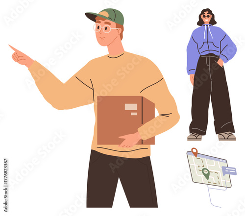 Delivery person holding a box, pointing towards a direction with a map beside them customer nearby wearing casual attire. Ideal for logistics, customer service, e-commerce, urban lifestyle