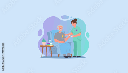 Caregiver assists elderly patient with medication at home Senior support and longterm care illustration