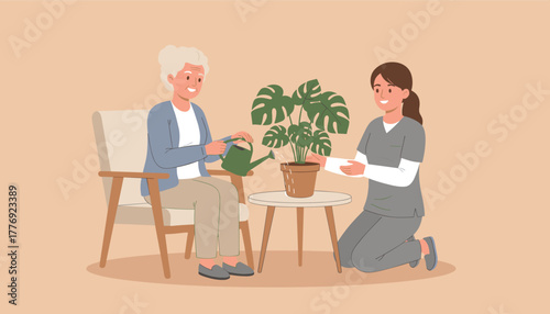 Caregiver assists happy senior woman watering a houseplant indoors