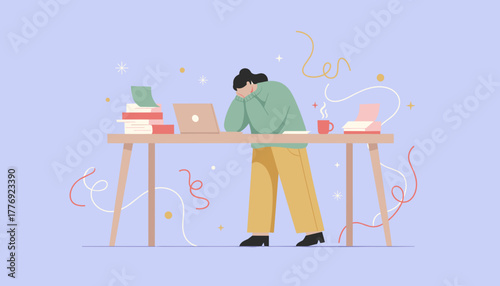 Tired person overwhelmed by studies or work illustrating stress and professional burnout