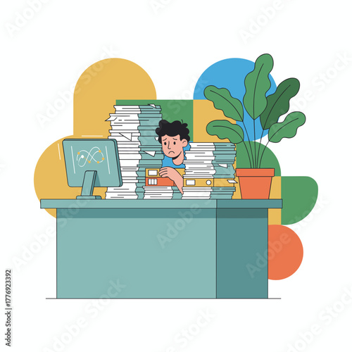 Overwhelmed worker drowning in huge stacks of documents and files Stress and bureaucracy concept