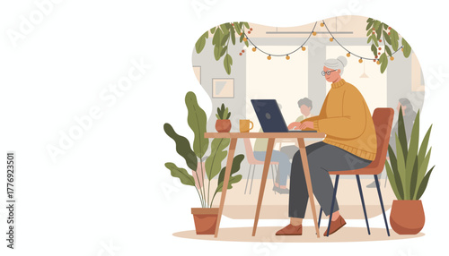 Active senior woman using a laptop at a cafe table Modern remote work and digital elderly lifestyle