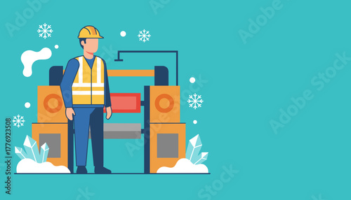 Safety first Worker in highvis gear near industrial machine during winter operations