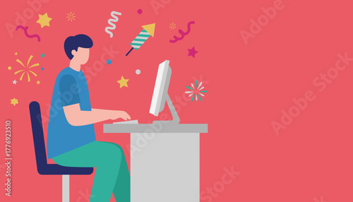 Celebrating digital achievement Worker at desk surrounded by confetti and fireworks